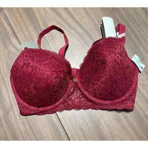 Daisy Fuentes Womens Lace Underwire Keyhole Push up Padded Bra 38DD Rhubarb Red